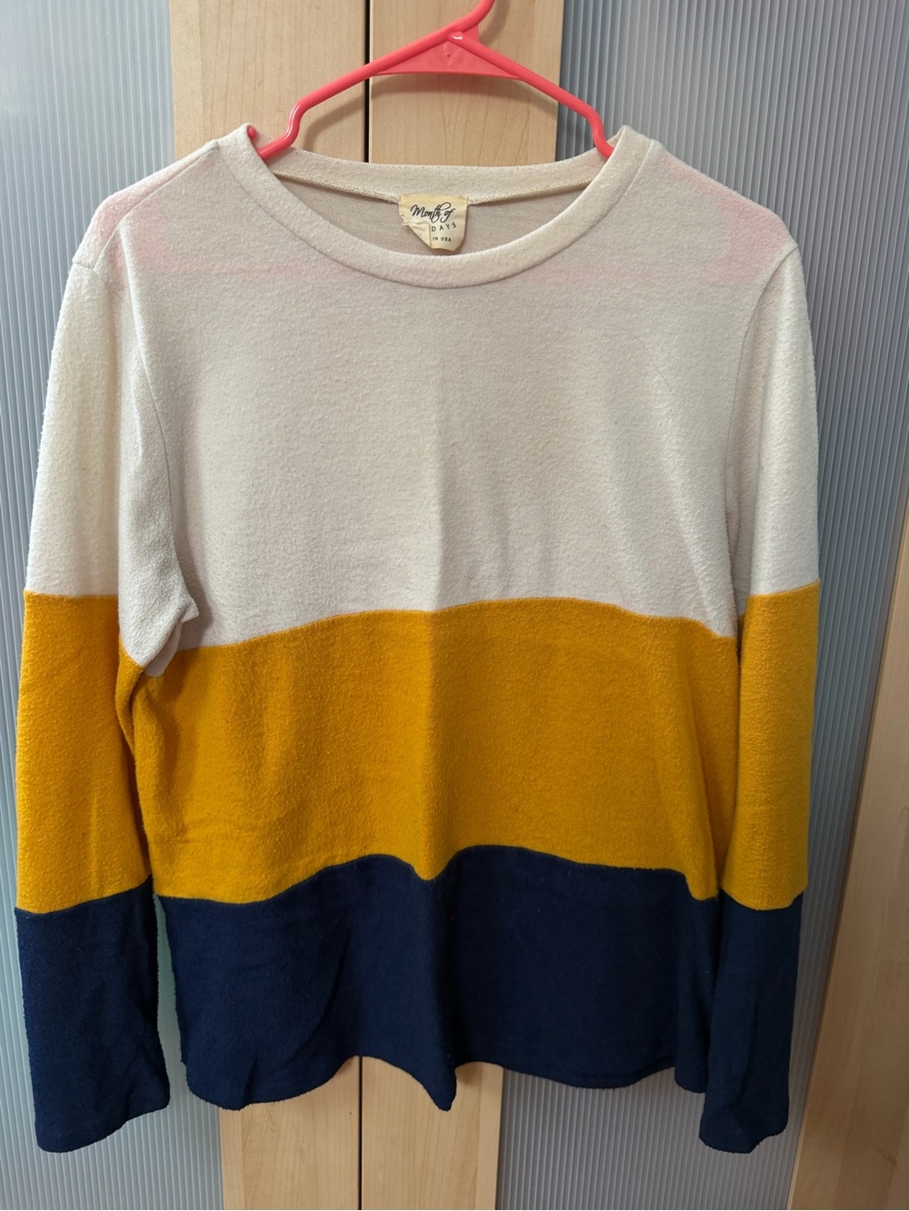 Month of Sundays Colorblock Crewneck Sweater in White, Mustard & Navy